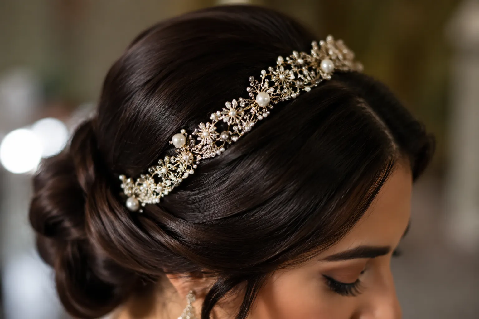 Jeweled Moroccan bridal headband with a lower profile silhouette