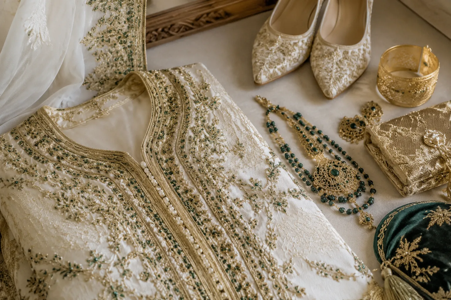 Moroccan wedding garment details and accessories arranged before family portraits