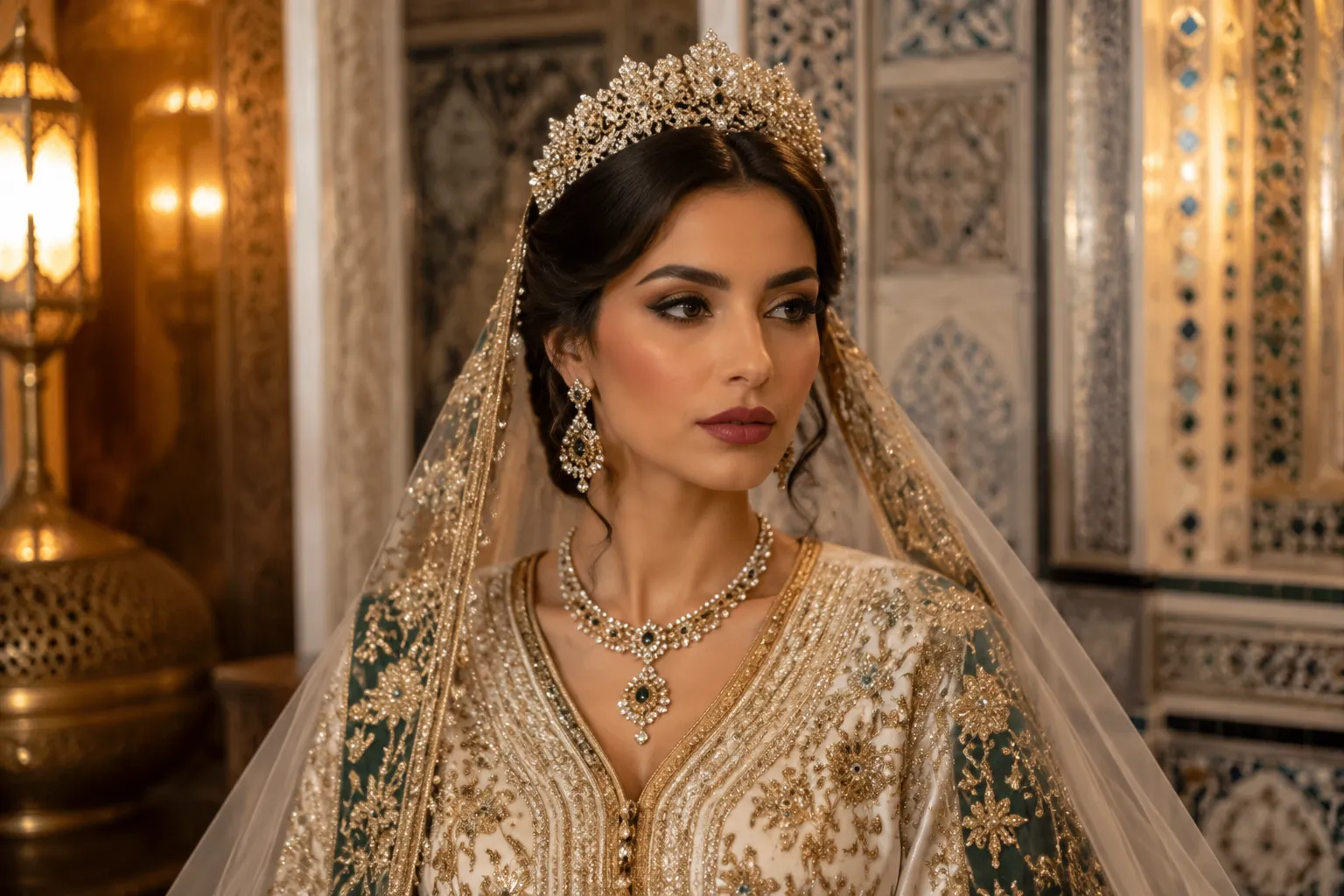 Ornate bridal tiara and veil coordination detail