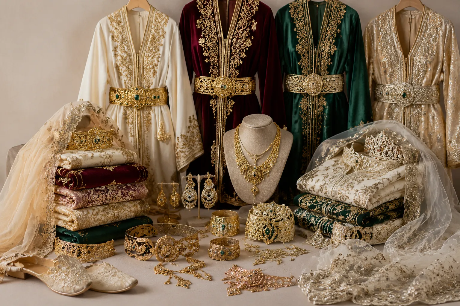 Moroccan bridal jewelry, belts, veils, and head adornments grouped by outfit