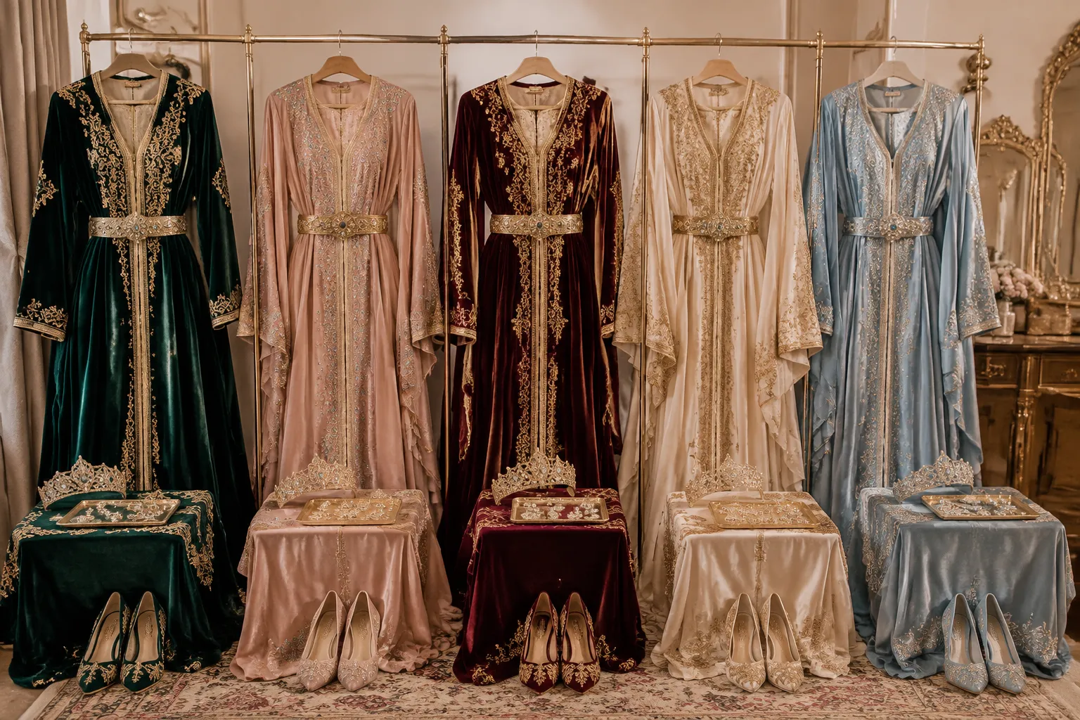 Caftans and matching accessories staged as separate complete looks