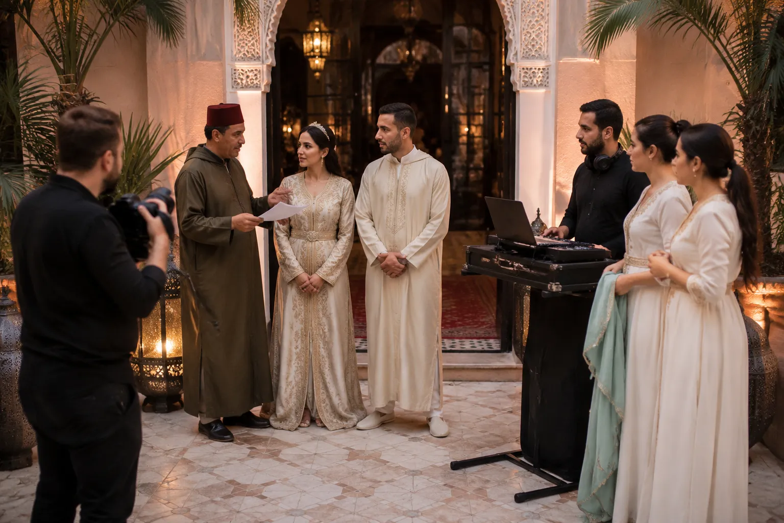 Coordinated Moroccan wedding reception handoffs between the couple, family, photographer, DJ, and outfit team