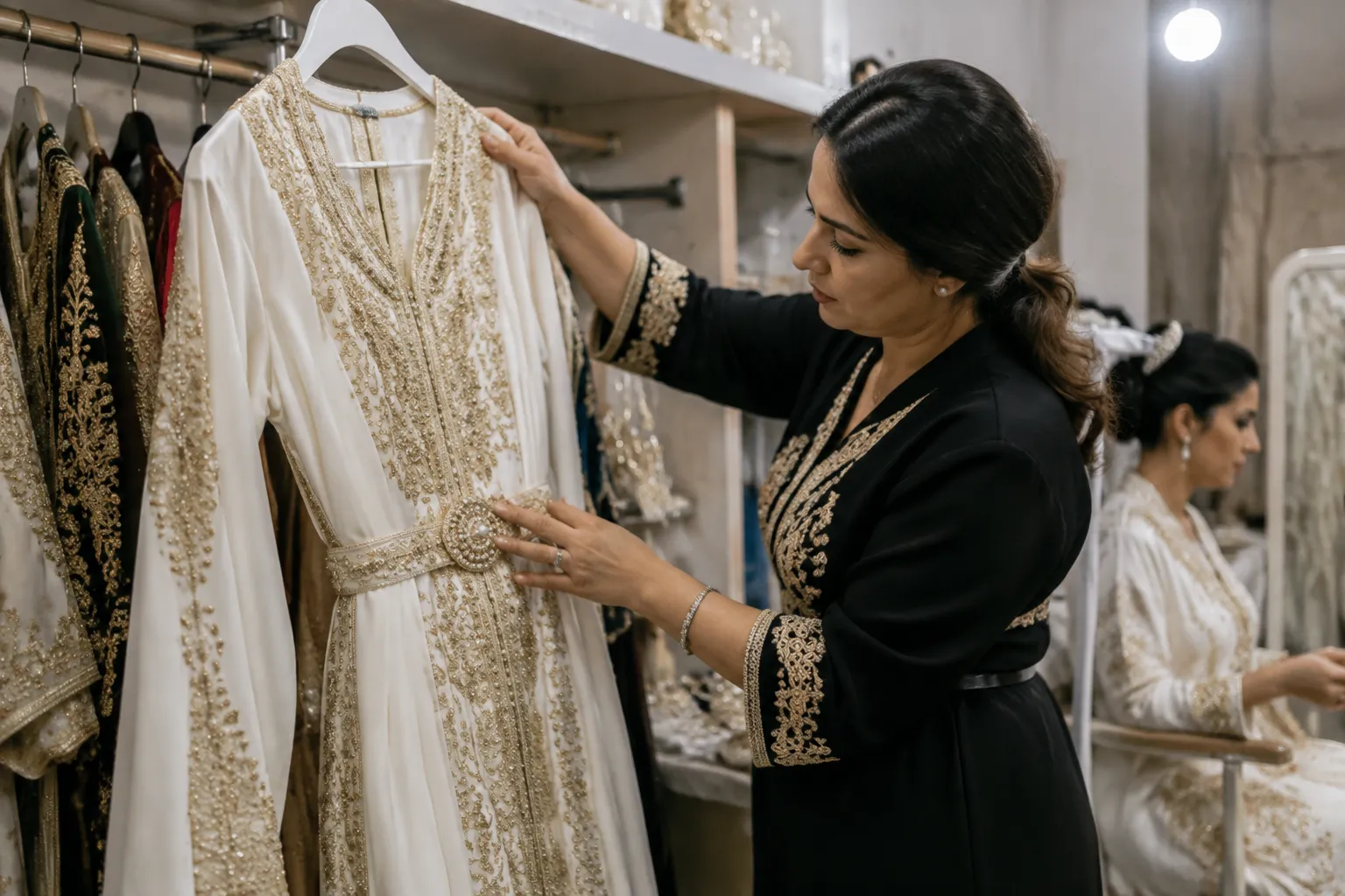 Bridal dresser preparing a Moroccan caftan before a reception transition