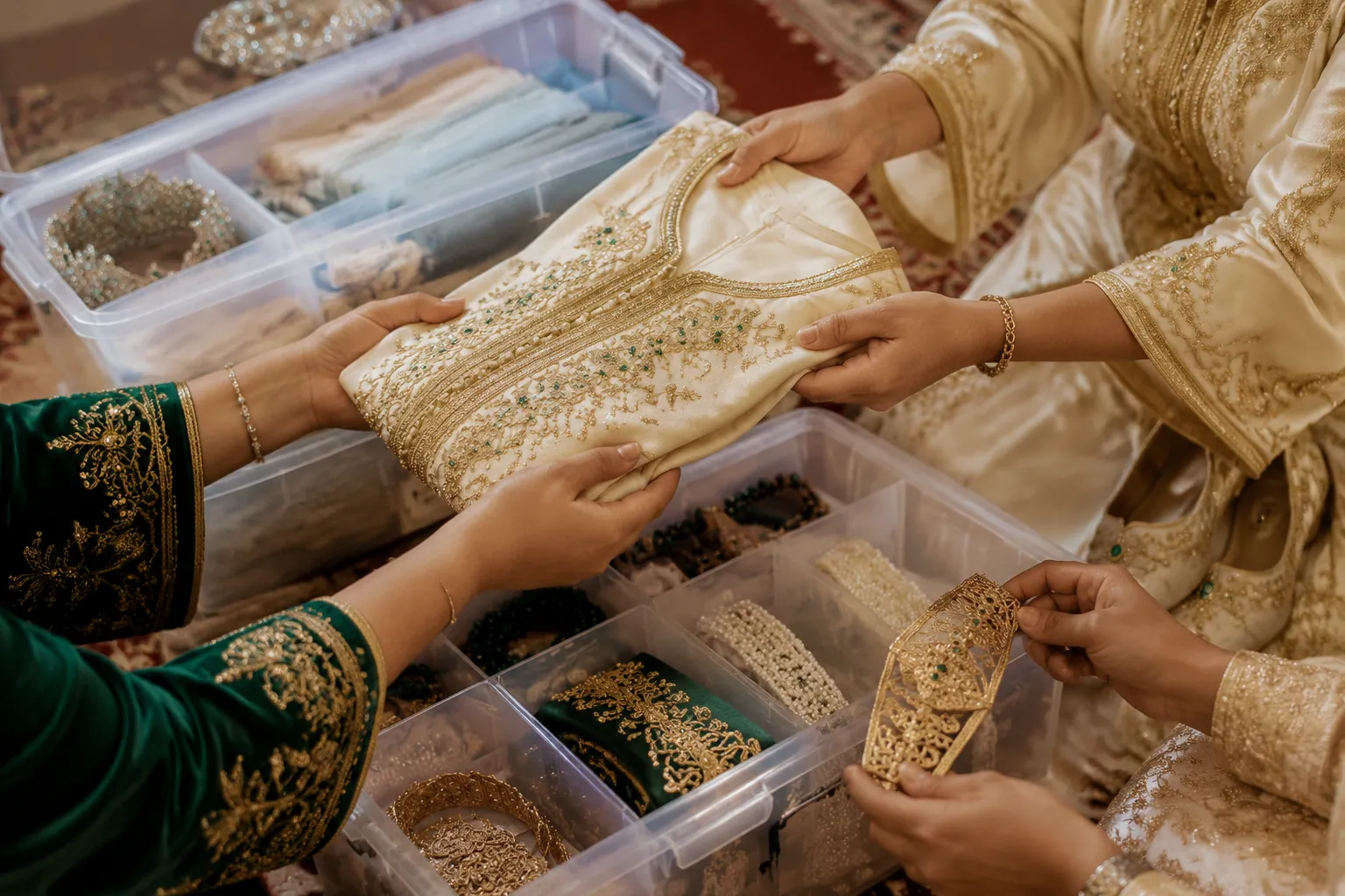 Wedding-day accessory handoff with labeled storage for Moroccan bridal outfit changes