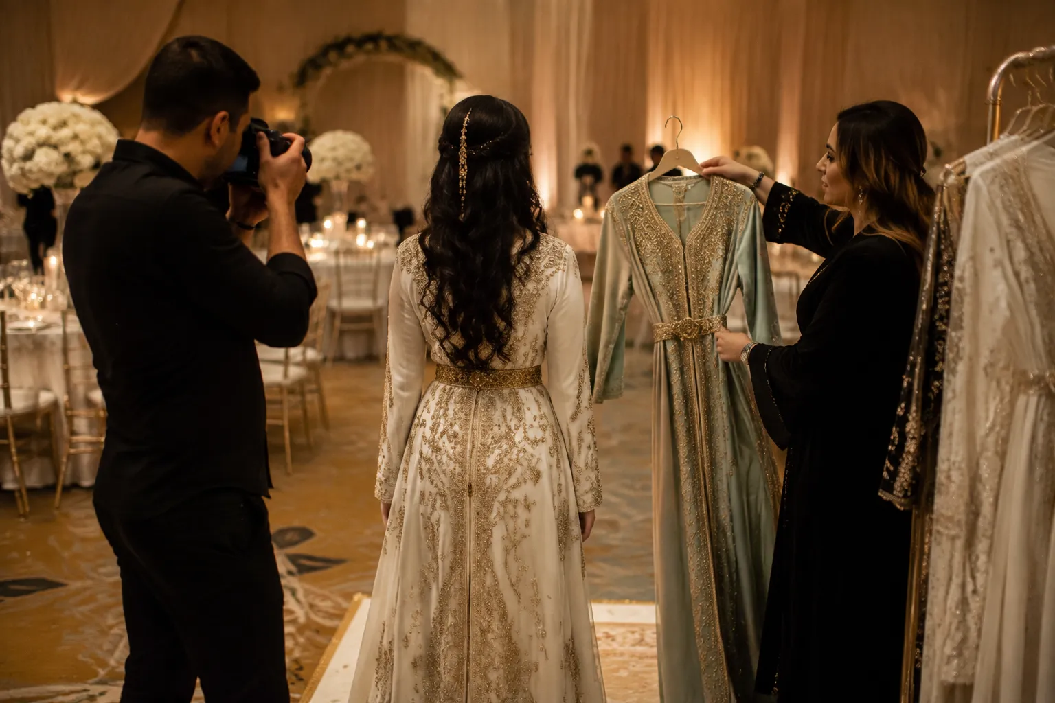Wedding photography and outfit-change handoff coordinated around a Moroccan reception schedule