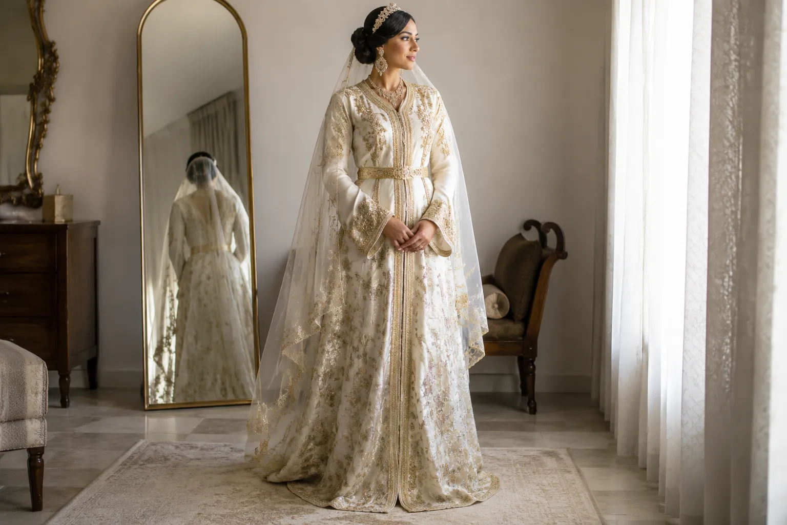 Moroccan bride wearing an embroidered formal caftan in a private dressing room