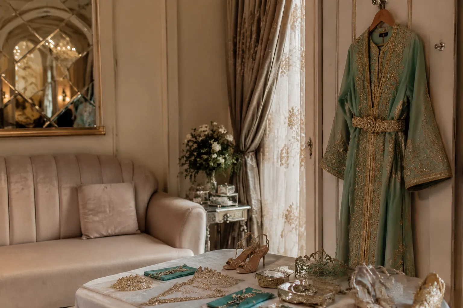 Moroccan caftan change prepared for a coordinated wedding reception transition