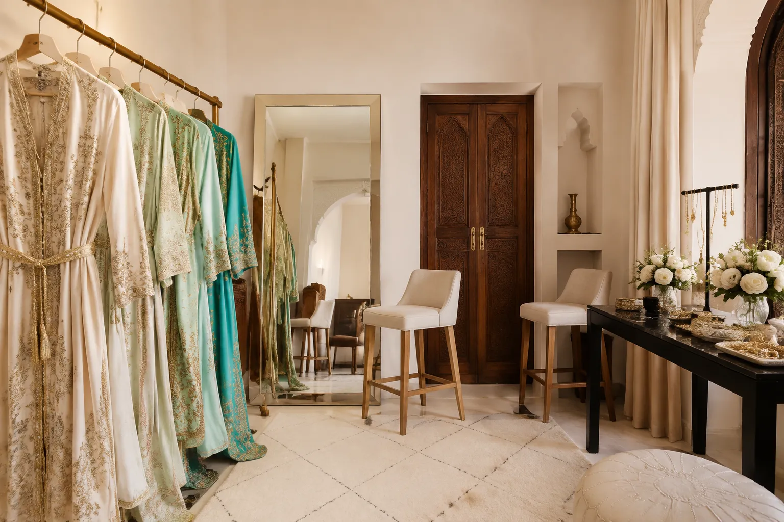 Private Moroccan bridal dressing room arranged for caftan changes