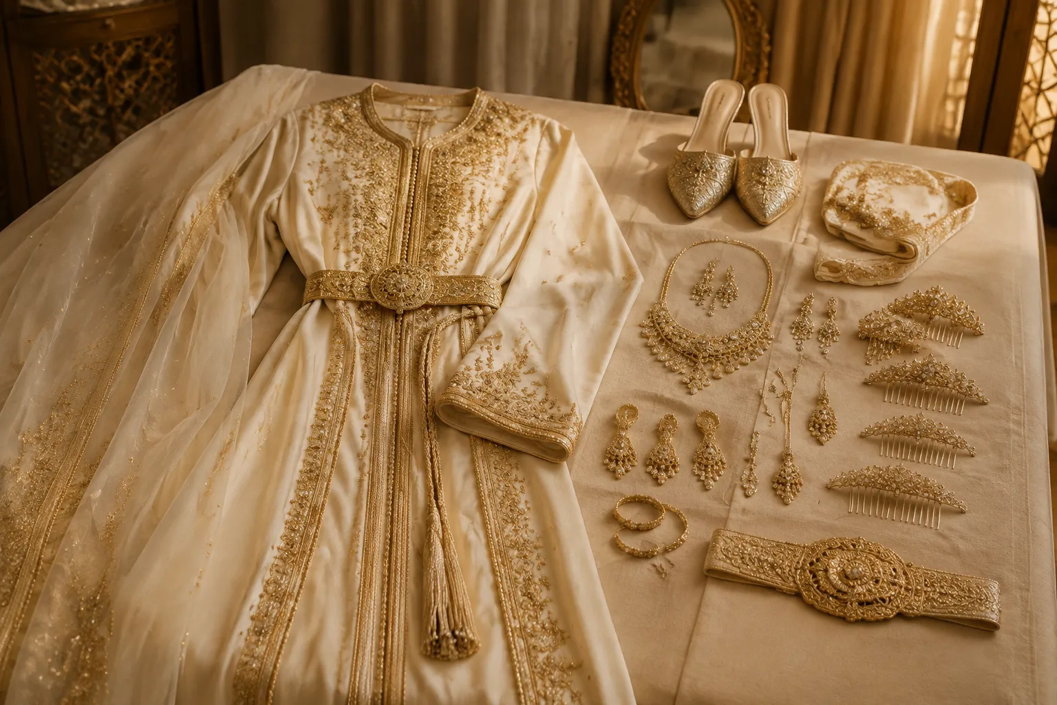 Moroccan bridal caftan, jewelry, veil, and beauty accessories organized for outfit changes
