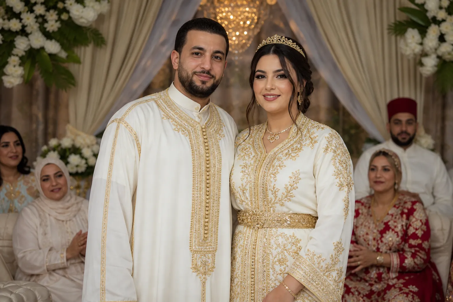 Couple in coordinated Moroccan wedding attire during a finished-look portrait session