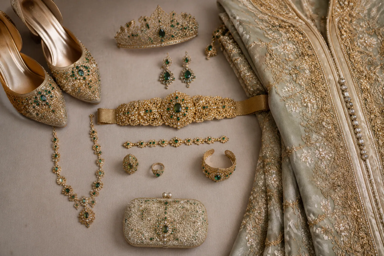 Caftan accessories organized together for a bridal outfit change