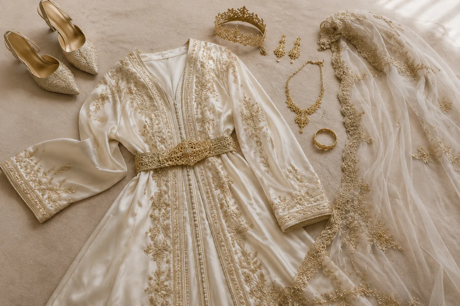 Embroidered caftan, belt, jewelry, veil, and shoes arranged for a bridal outfit change