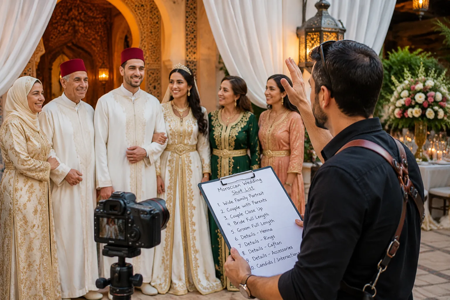 Wedding photographer preparing a family portrait and detail shot list near the reception