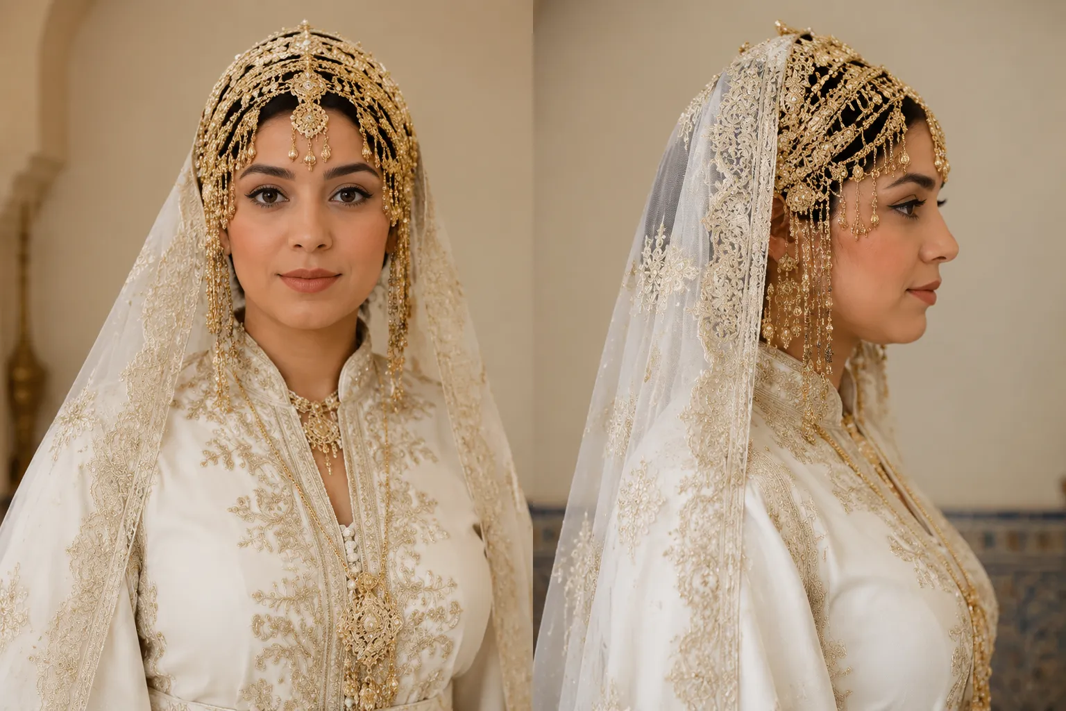 Moroccan bridal headdress and veil viewed from fitting angles