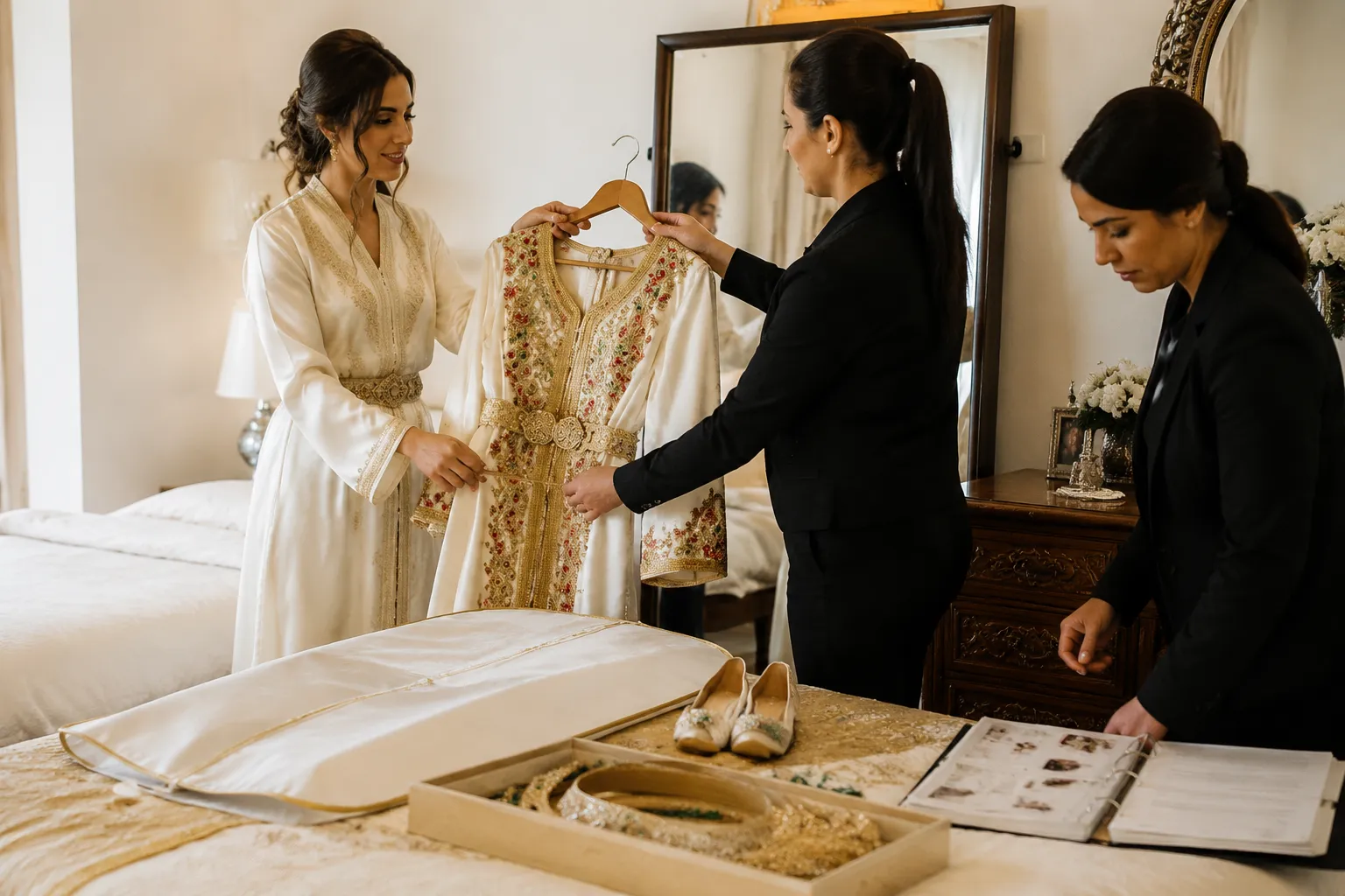 Coordinated dressing handoff for a Moroccan wedding caftan change