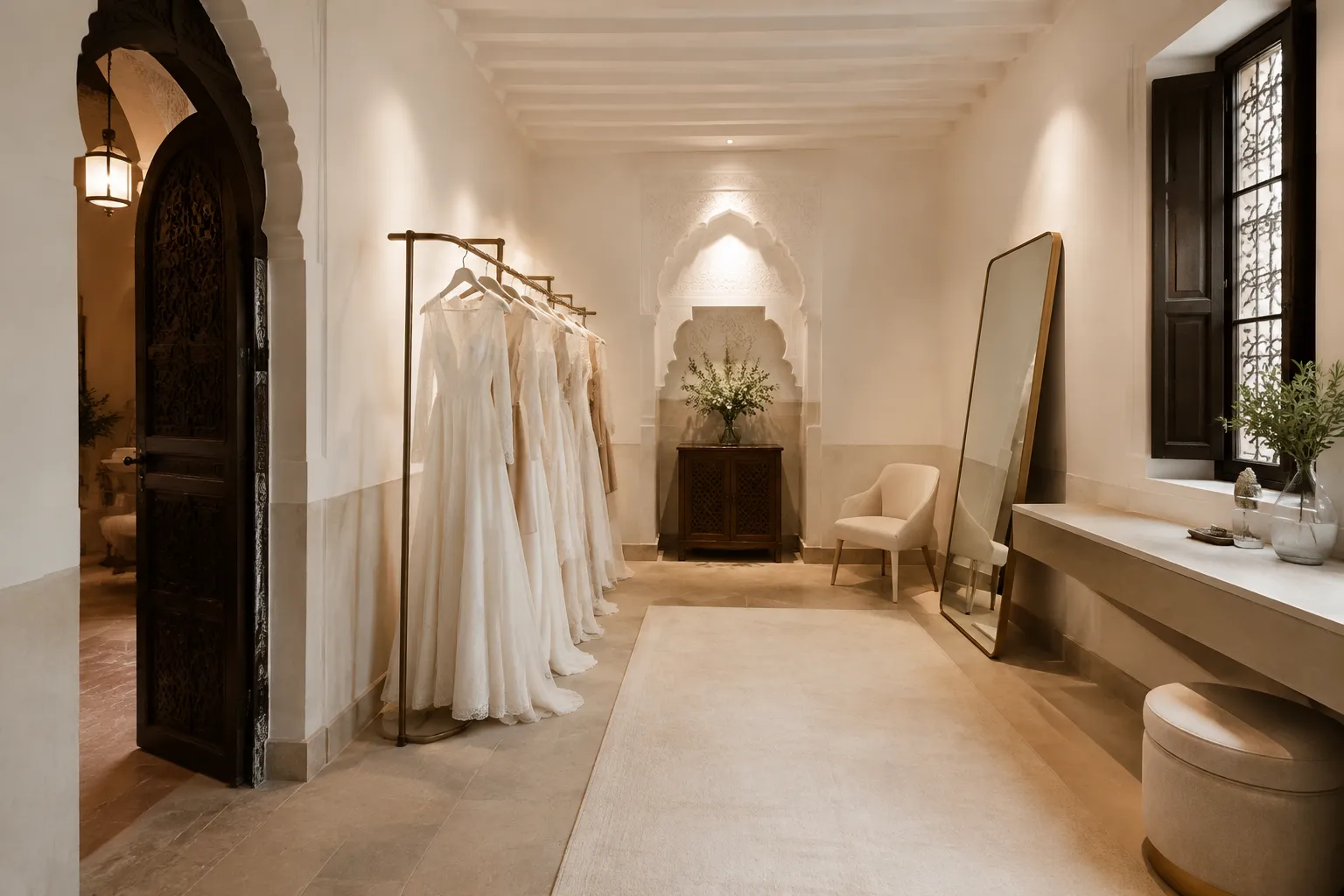 Private changing space with clear circulation, mirror, chair, and garment rack