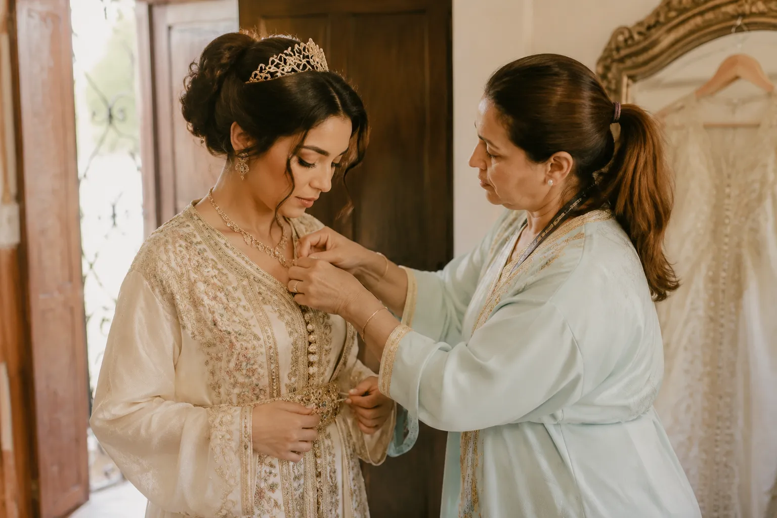 Bride and dresser coordinating jewelry and an embroidered garment before a wedding entrance