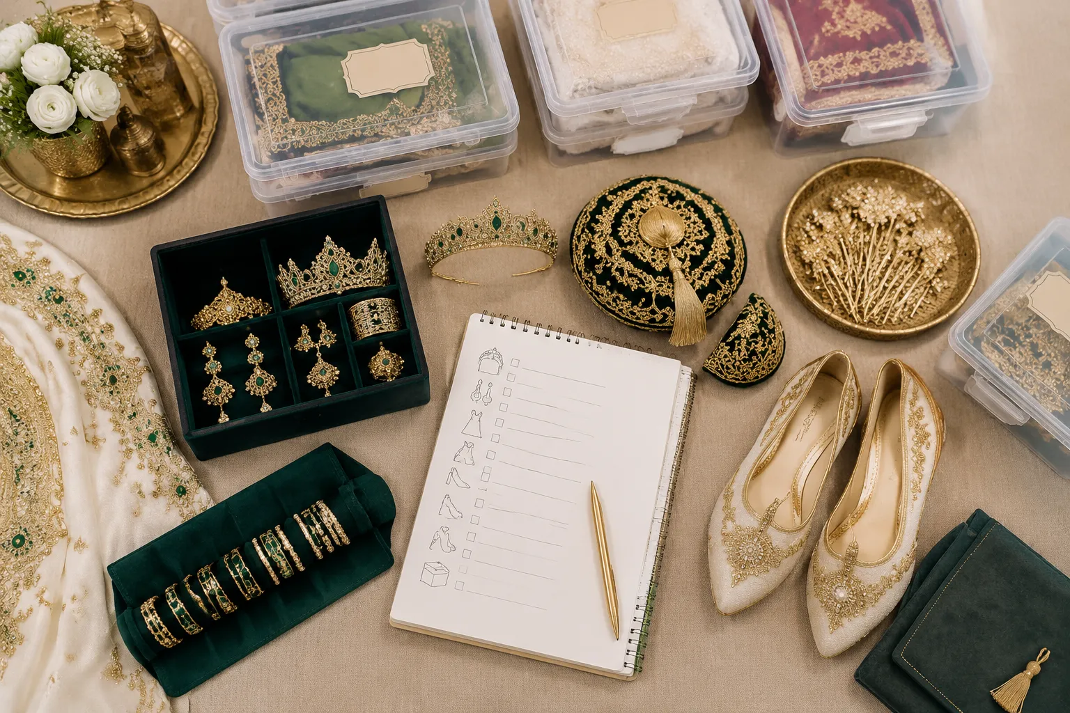 Bridal accessory checklist with jewellery, headwear, pins, shoes, and storage cases